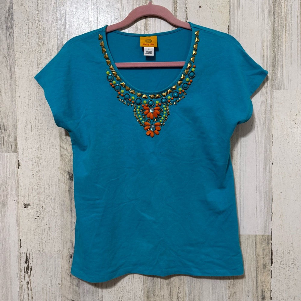 Ruby Rd. Turquoise Embellished Tee - Picture 1 of 7